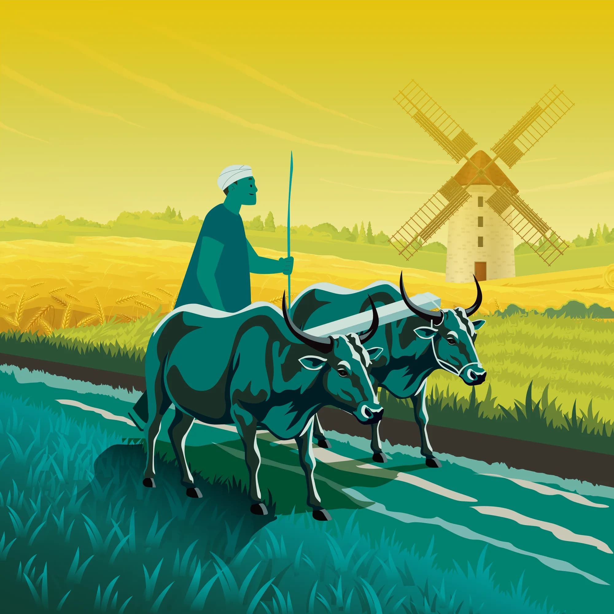 Farmer ploughing a field with bullocks